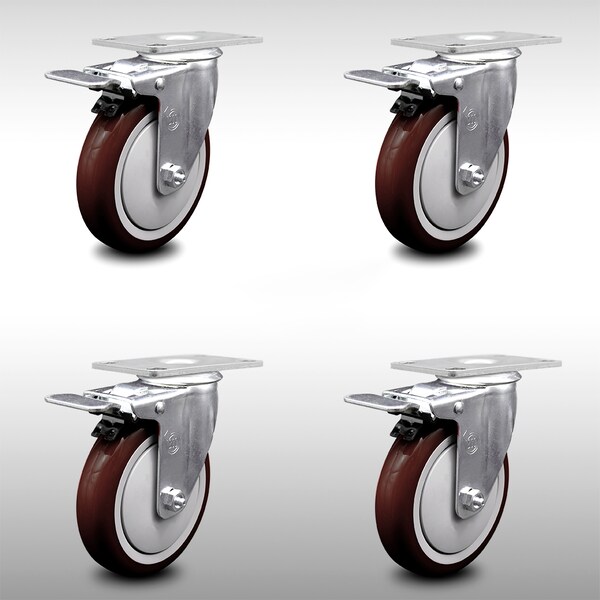 5 Inch SS Maroon Polyurethane Top Plate Caster Set Total Lock Brake SCC